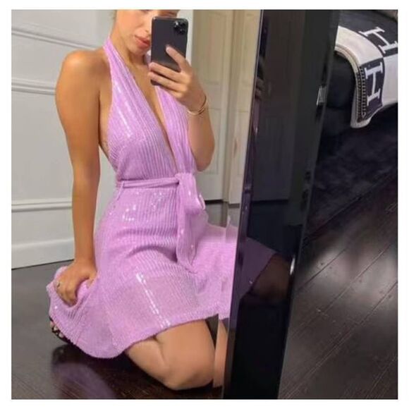 NWT Misha Collection Tia Mini Dress Sz‎ 4 Sleeveless Beaded Sequins V Neck LiLac - Picture 12 of 14